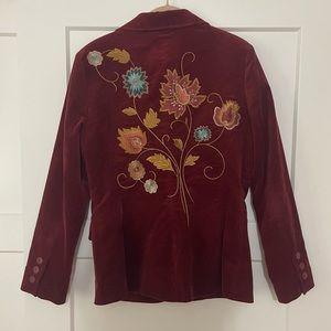 Cabi red velvet jacket with floral appliqué on back